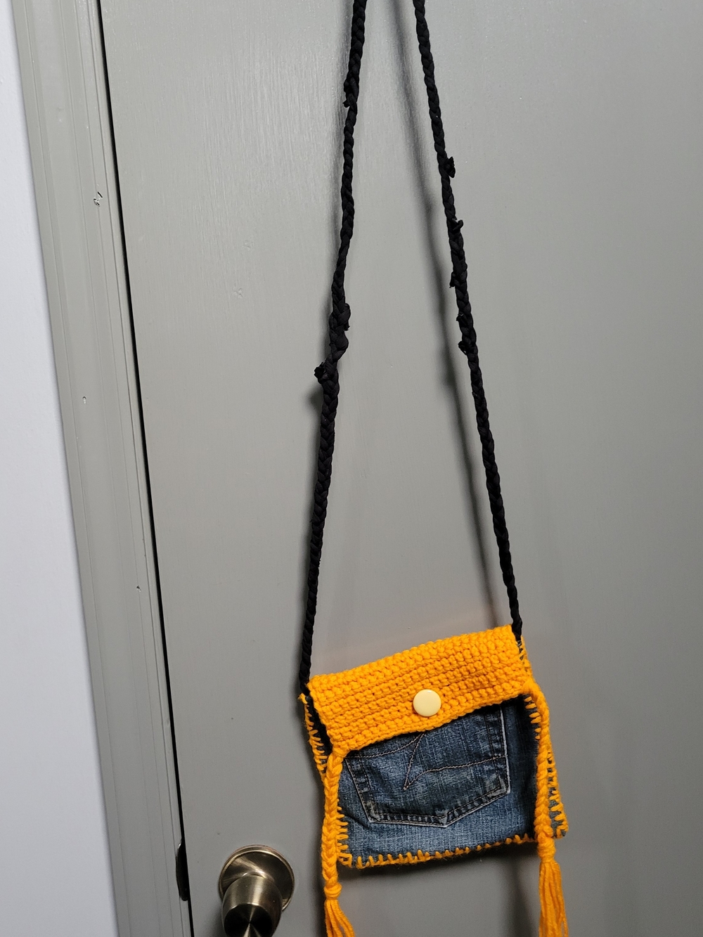 Handmade Yellow Crochet Denim Pocket Crossbody Bag